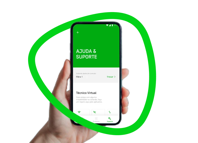 A imagem mostra uma mão segurando a tela do aplicativo Oie envolta numa auréola verde.
